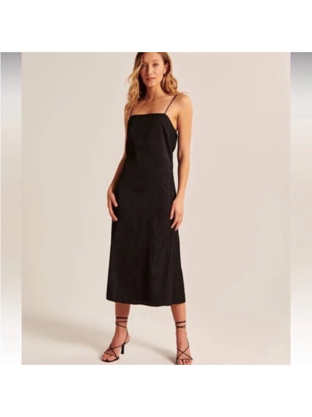 Abercrombie & Fitch Black Slip Midi Dress with Spaghetti Straps